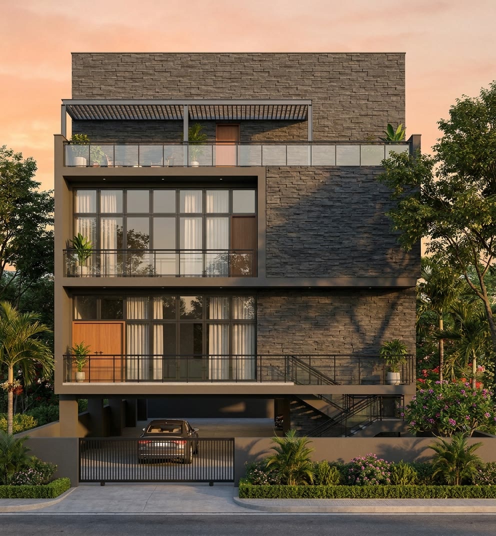 Architectural render of the RAMMI DEVELOPMENTS G+3 residence at Pendurthi, Visakhapatnam, at dusk
