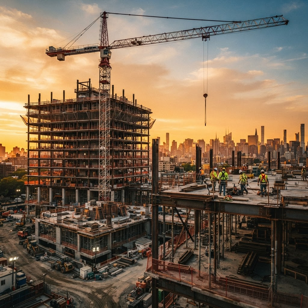 RAMMI Developments construction site with a crane at golden hour